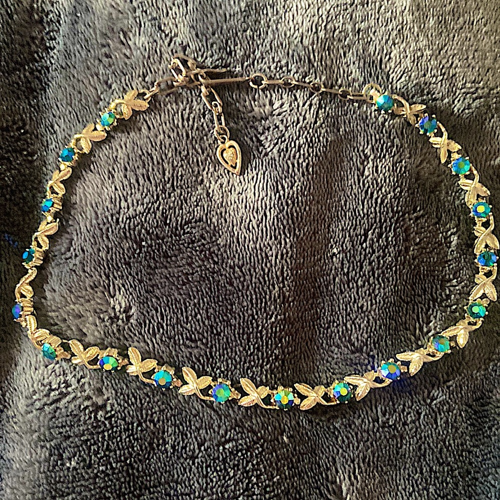 Coro blue/green jeweled gold plated choker necklace
